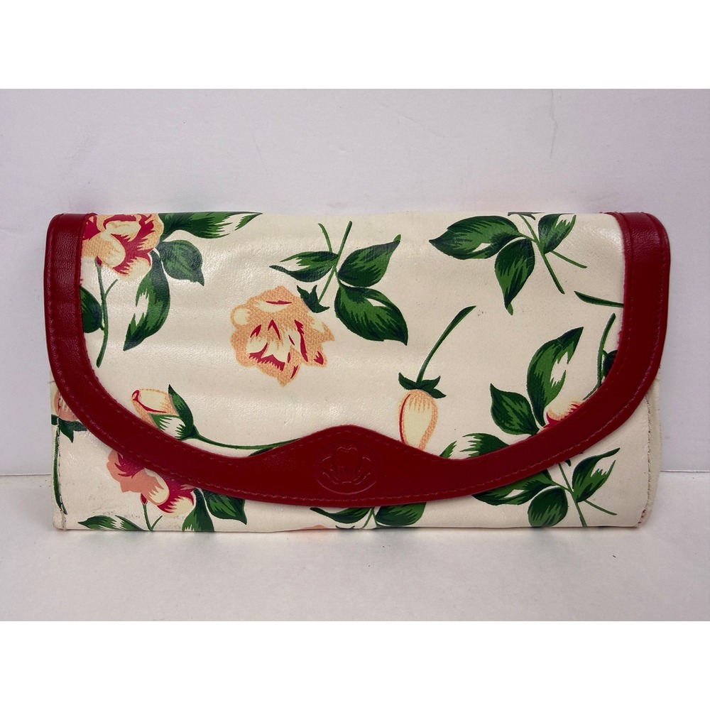 Vintage 90's Avon Floral Rose Wallet Cream Red Trim Long Clutch Card Holder